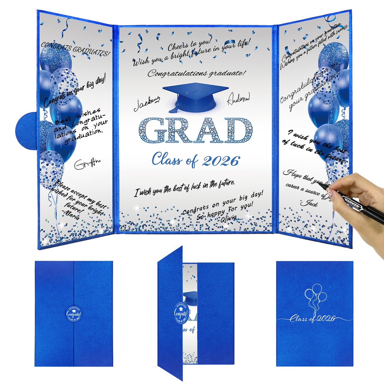 Blue Silver Graduation Party Decorations, Blue Class of 2026 Congratulations Graduates Alternative Signature Guest Book for Men Happy Graduation Gifts Congrats Grad Party Signing Card Board